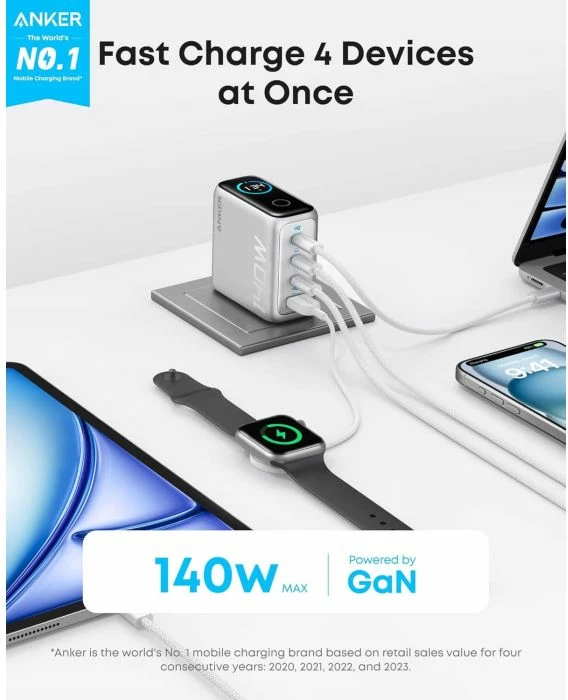 Karikues për laptop Anker B2697 140W GaN PD 3.1, 4 porta (3x USB-C + 1x USB-A), me ekran, gri, me kabllo USB-C në USB-C 1.5m