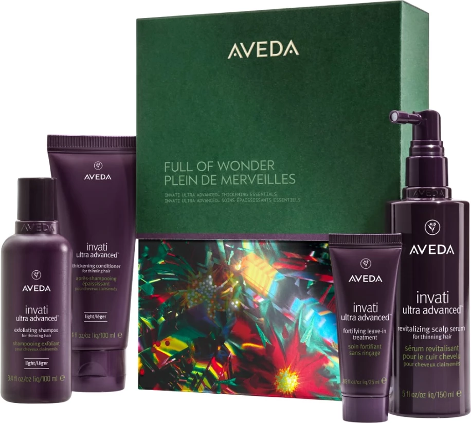 Set për flokë për femra Aveda Full of Wonder shampon 100ml, balsam 100ml, trajtim 25ml, serum për skalp 150ml