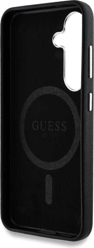 Mbështjellës Guess Grained Triangle Logo MagSafe për Samsung Galaxy S25, i zi