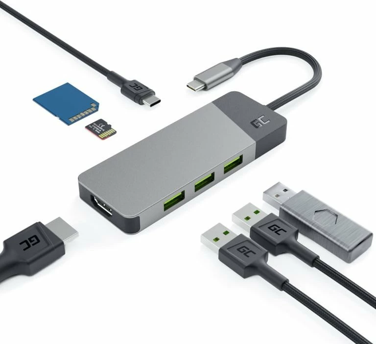 Adapter hub USB-C Green Cell Connect, 3x USB 3.1, HDMI 4K 60Hz, USB-C PD 85W, lexues SD/microSD, gri