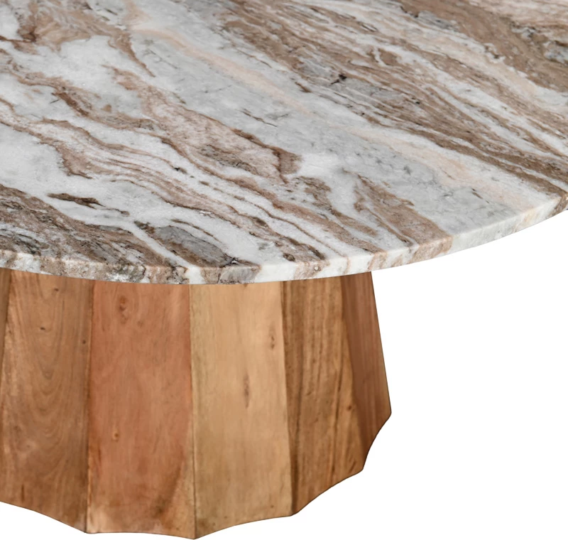 Tavolinë kafeje Ezerdian, dru akacie i fortë, ngjyrë natyrale, sipërfaqe mermeri, D90x45cm