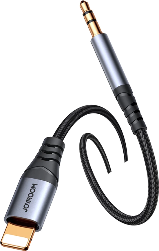 Kabllo audio 3.5 mm mini jack në Lightning, Joyroom SY-A06, 1.2 m, HiFi DAC, gërshetim najloni, e zezë