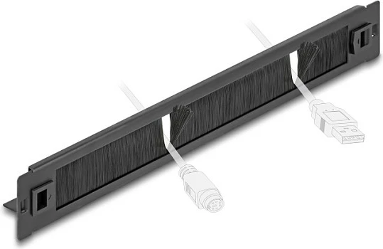 Panel me furçë për rack 19" DeLOCK 1U, tool-free, me mbajtës kabllosh, i zi