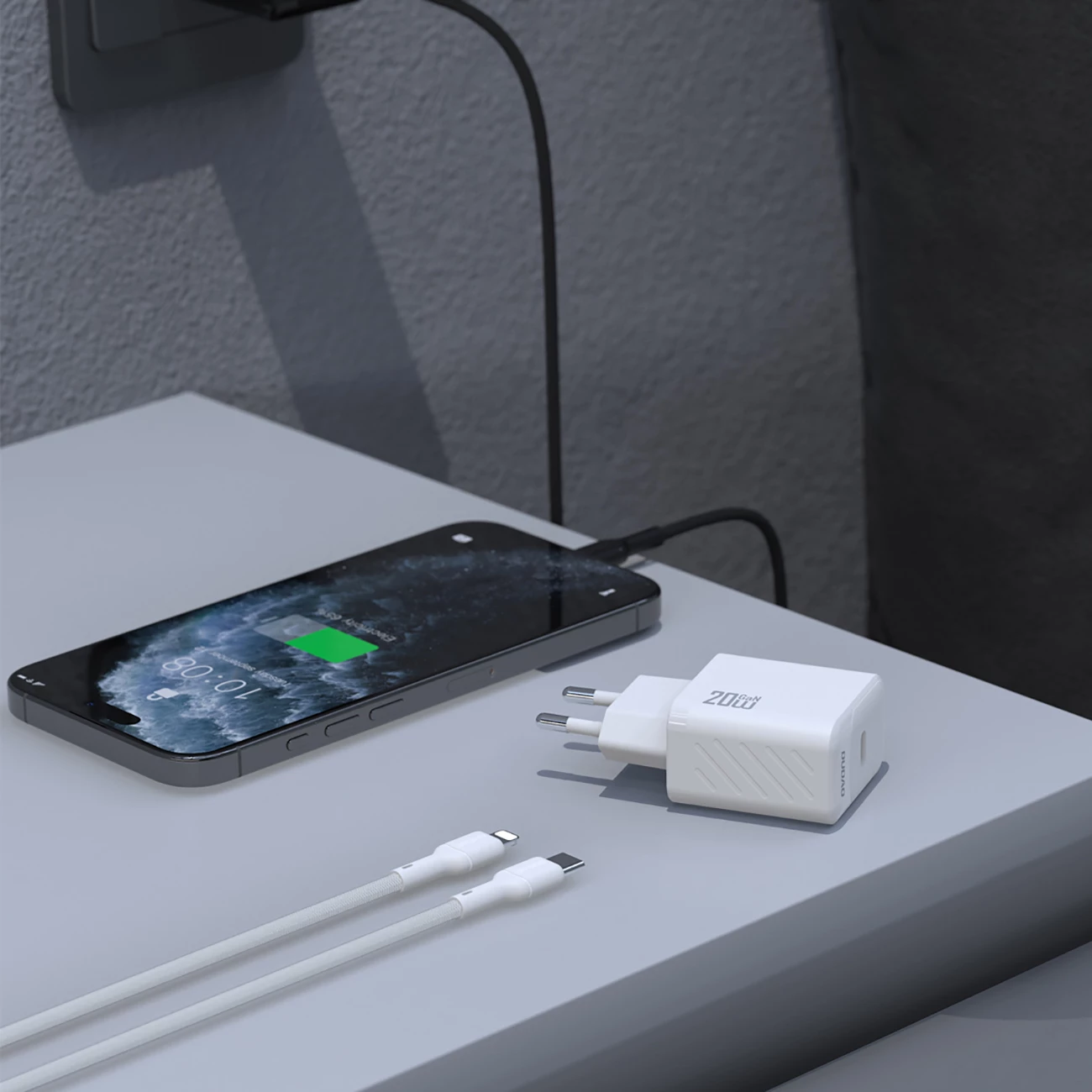 Karikues muri, Dudao A26LEU, PD 20W GaN, port USB-C, prizë EU, me kabllo USB-C në Lightning, i zi