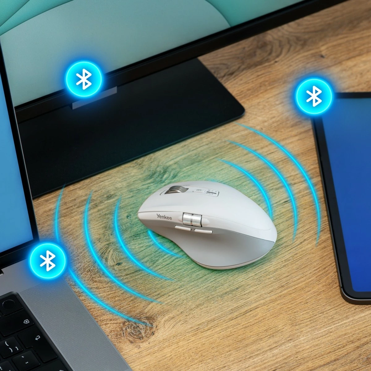 Maus wireless YENKEE YMS 2095WH SPIN, 4800 DPI, Bluetooth + 2.4GHz, bateri e rikarikueshme, 7 butona, kabllo karikimi USB-C, e bardhë