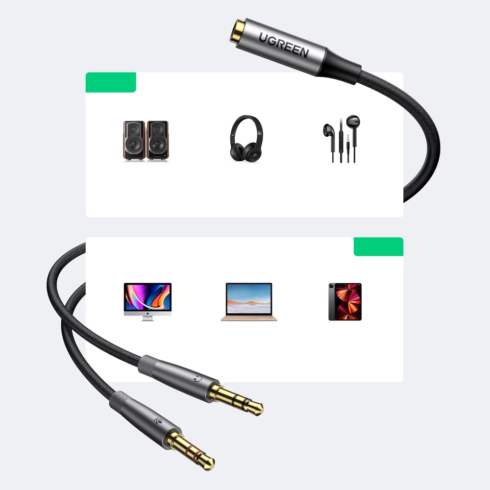 Kabllo ndarëse audio Ugreen AV193 50255, 3.5 mm mini jack (female) në 2x 3.5 mm mini jack (male), 20 cm, Argjend