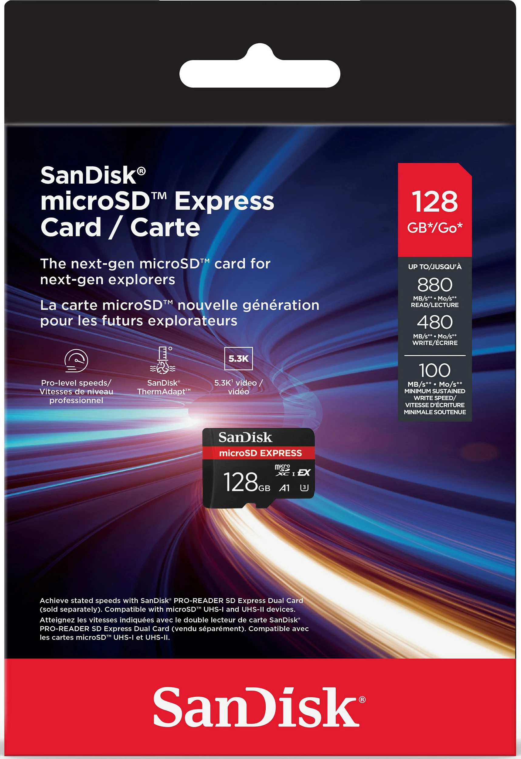 Kartë memorie SanDisk microSD Express microSDXC 128GB, A1, U3, e zezë/kuqe