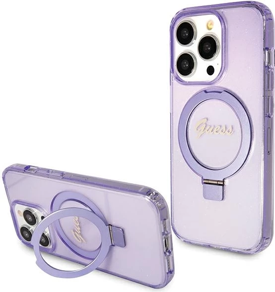 Mbështjellës Guess Ring Stand Script Glitter MagSafe për iPhone 15 Pro Max, vjollcë
