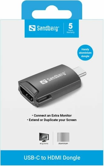 Adapter dongle USB-C në HDMI Sandberg 136-34, 4K/30Hz, alumini, gri