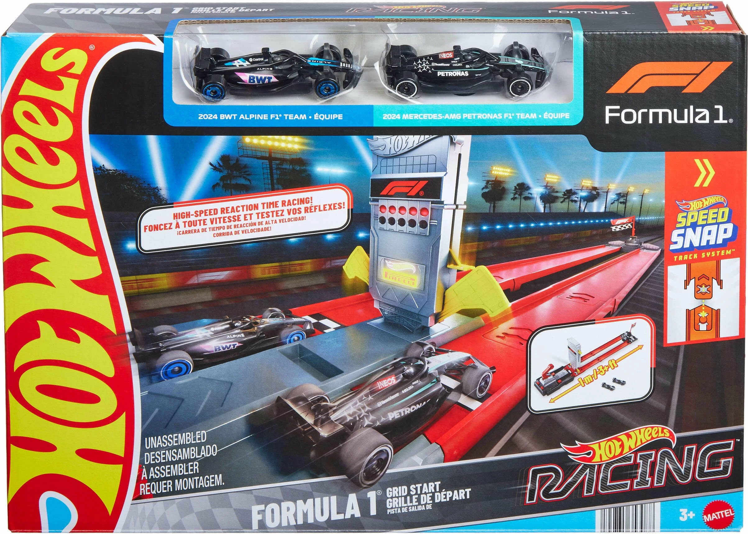 Set pistë garash Hot Wheels Formula 1 Fast Race Track JKM88, launcher, 2 vetura metalike 1:64, Speed Snap, kuqe/gri, set me 2 vetura