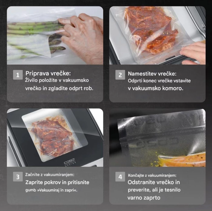 Makinë vakumimi me dhomë CASO VacuChef 40 280W, 70 L/min, saldim i dyfishtë 25 cm, set me 20 qese + tub vakumi, Inoks