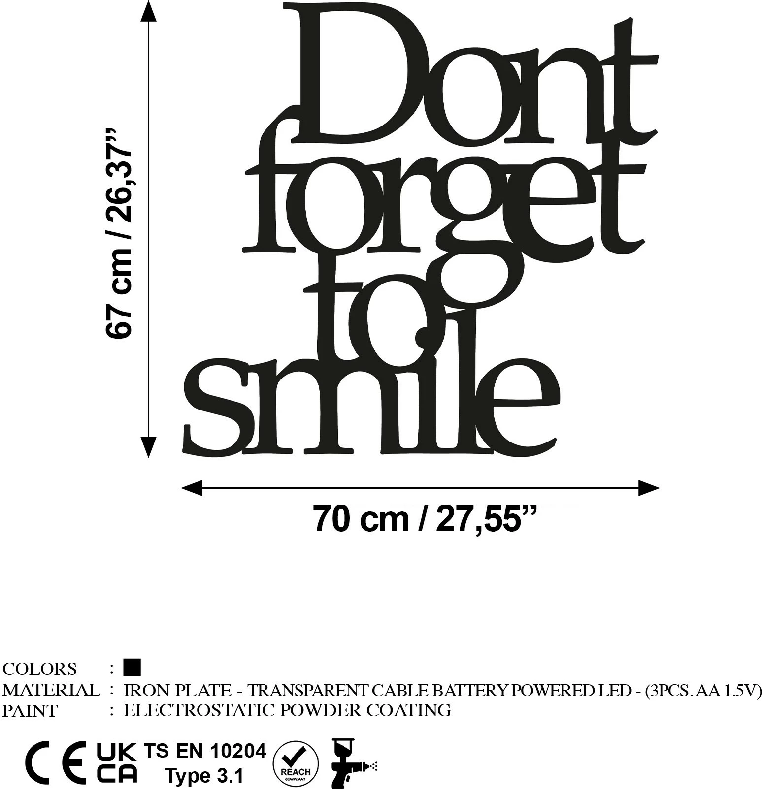 Aksesor dekorativ metalik për mur, 'Dont Forget To Smile', 67x70cm, i zi, me drita LED