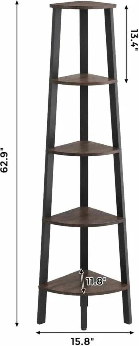 Raft këndi për libra VASAGLE LLS35X, 5 nivele, stil industrial, kornizë metalike, 34.5 x 34.5 x 159 cm, kafe rustike/zi