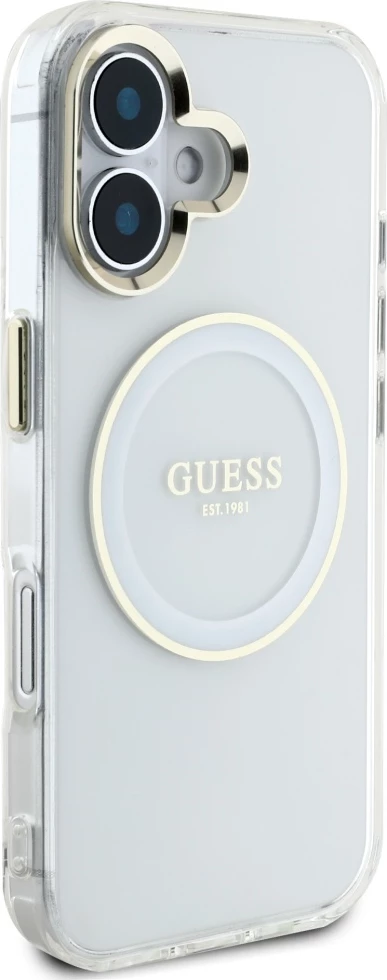 Mbështjellës Guess IML Metal Colored Circle Classic Logo MagSafe për iPhone 16, Bardhë