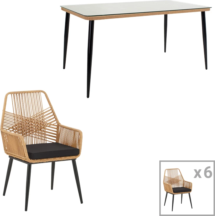 Tavolinë me karrige Naoki-Tanish, 7 copë, ratan natyral-metal i zi-xham, 160x90x78cm