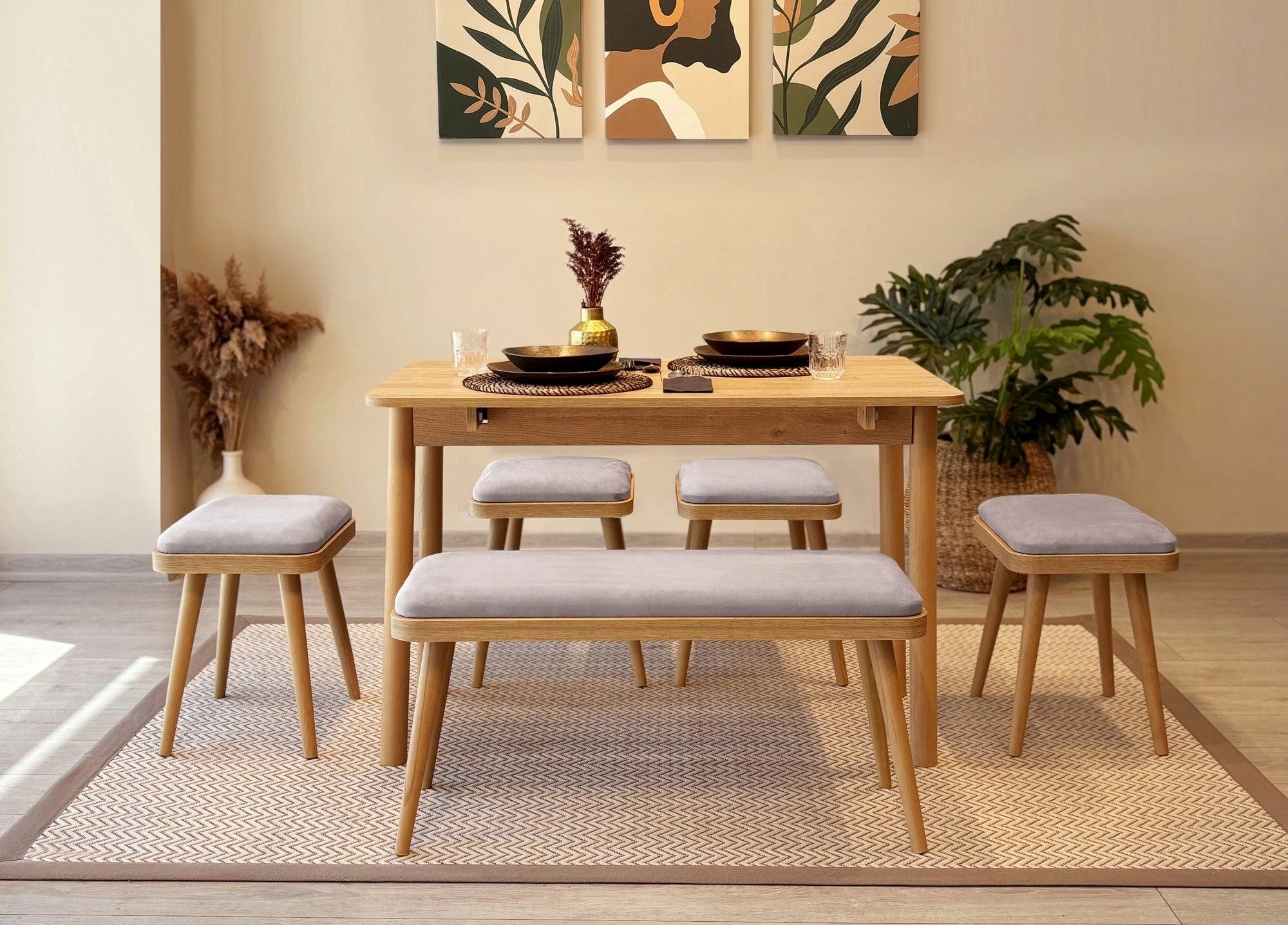 Set tavoline me karrige për ngrënie, zgjatshme, 6 pjesë, Skye Decor, Vina Mini 06 0701, ngjyrë lis, Soho Grey