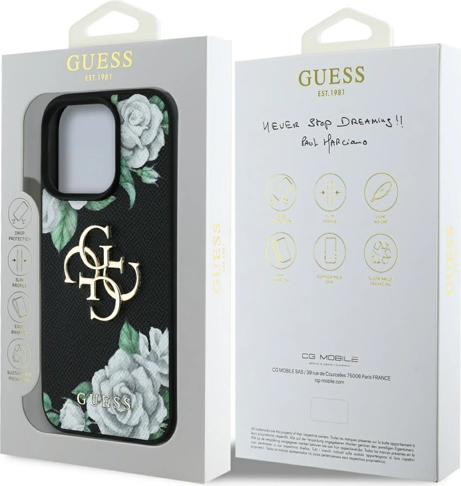 Mbështjellës Guess Grained Roses Big 4G logo për iPhone 16 Pro, i zi