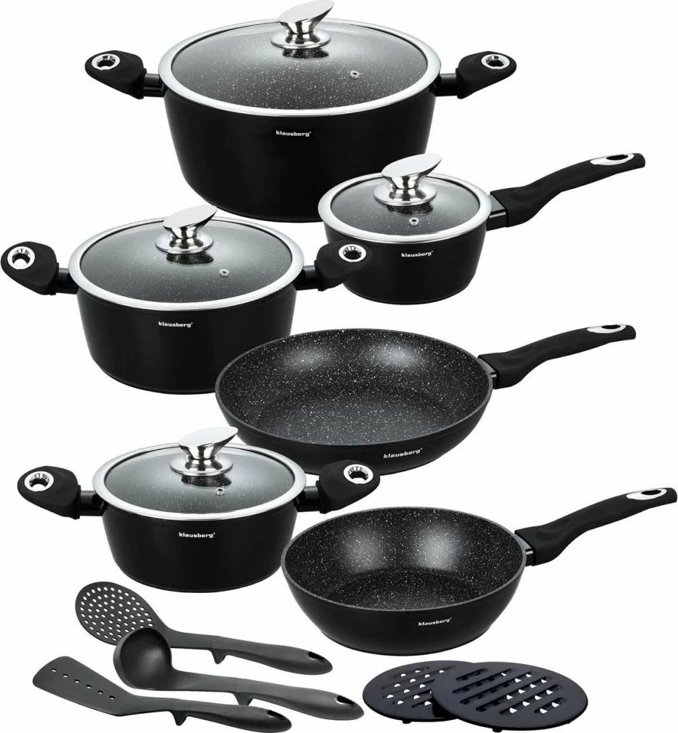 Set tenxheresh dhe tiganësh Klausberg KB-7322, veshje graniti/mermeri, 15 copë, e zezë