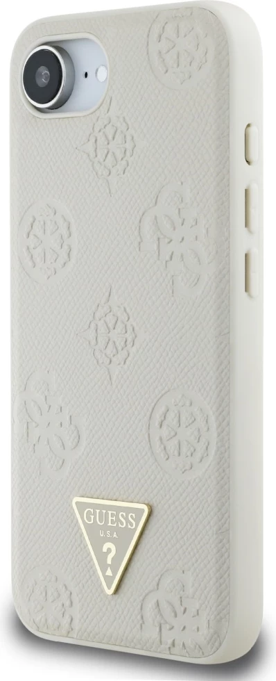 Mbështjellës Guess Grained Hot Stamp Peony Triangle Logo MagSafe për iPhone 16e, Bezhe