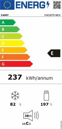 Frigorifer kombi Candy CNCQ2T518EW, No Frost, 279 L (197/82), 182.5 cm, 38 dB, klasa E, i lirë në këmbë, i bardhë