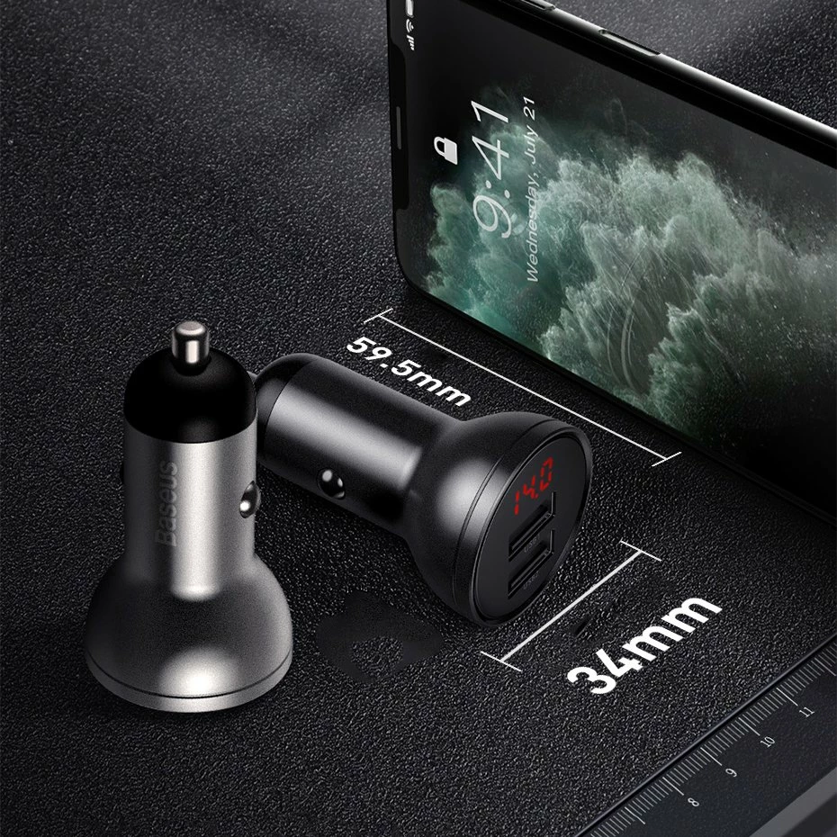 Karikues veture Baseus CCBX-0G, 2x USB, 24W, me ekran LCD, Gri