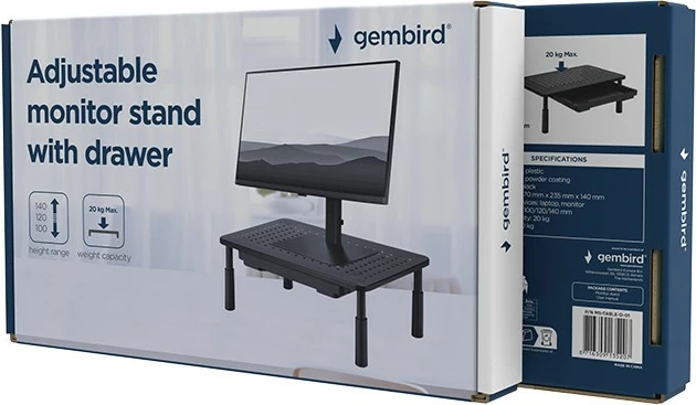 Stojak për monitor Gembird MS-TABLE-GL-01 XL 1000 x 260 mm, qelq i temperuar, lartësi e rregullueshme 78-93 mm, ngarkesë 20 kg, i zi