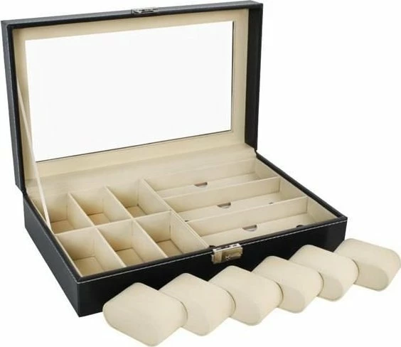 Organizer për ora dhe syze Ikonka 6+3 ndarje, me kyç, 33.5x20.5x8 cm, set me çelës, i zi