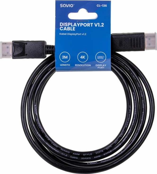 Kabllo DisplayPort Savio CL-136, e zezë, 2m