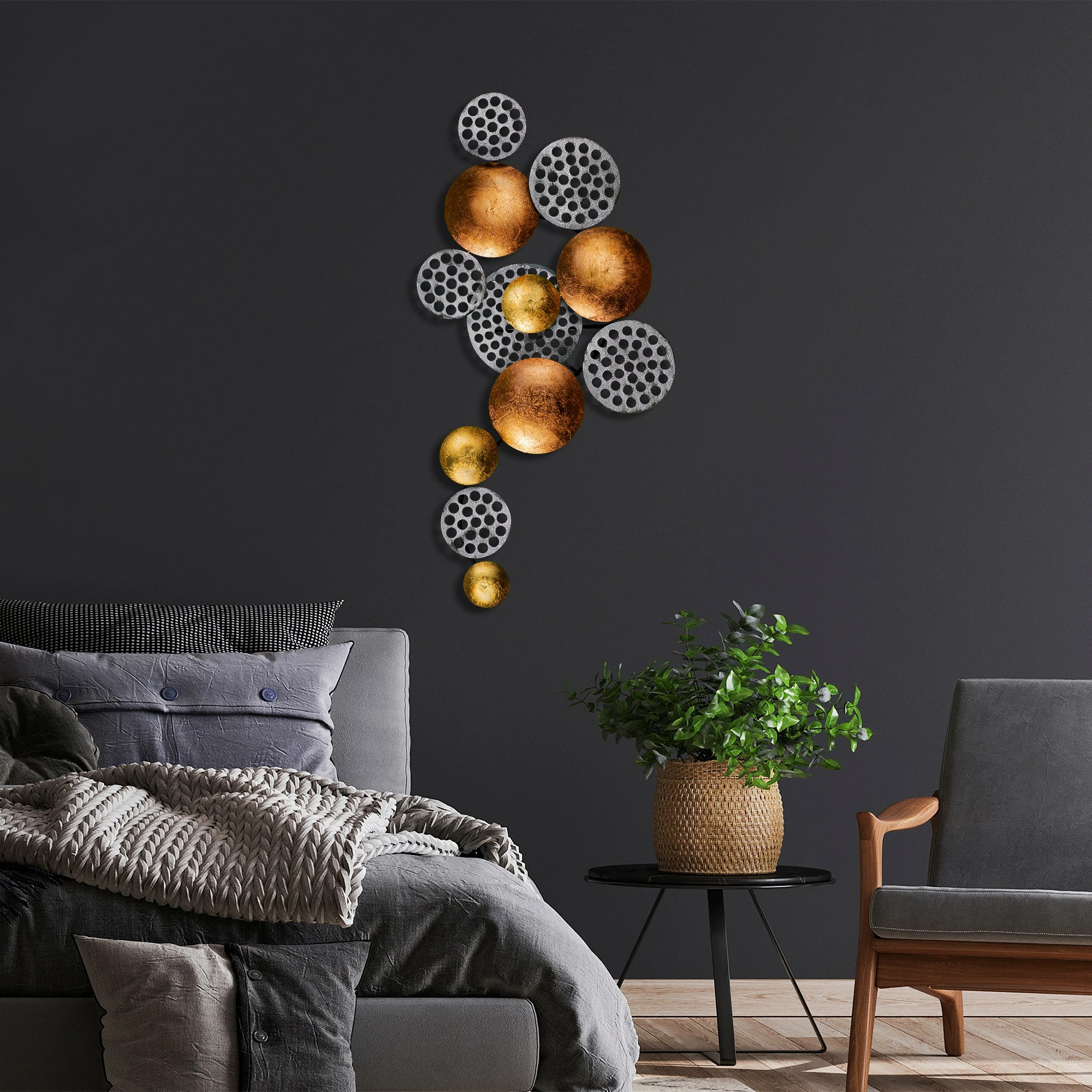 Aksesor dekorativ metalik për mur, Wallity Aurora 2, argjend dhe bakër, 45x82cm