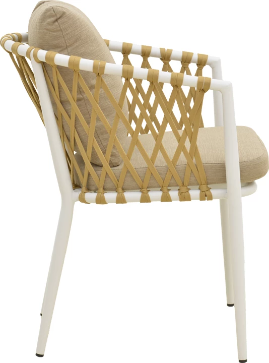 Karrige e ulët Peluxe, alumin i bardhë, litar natyral, jastëkë bezhë, 57x60x78cm