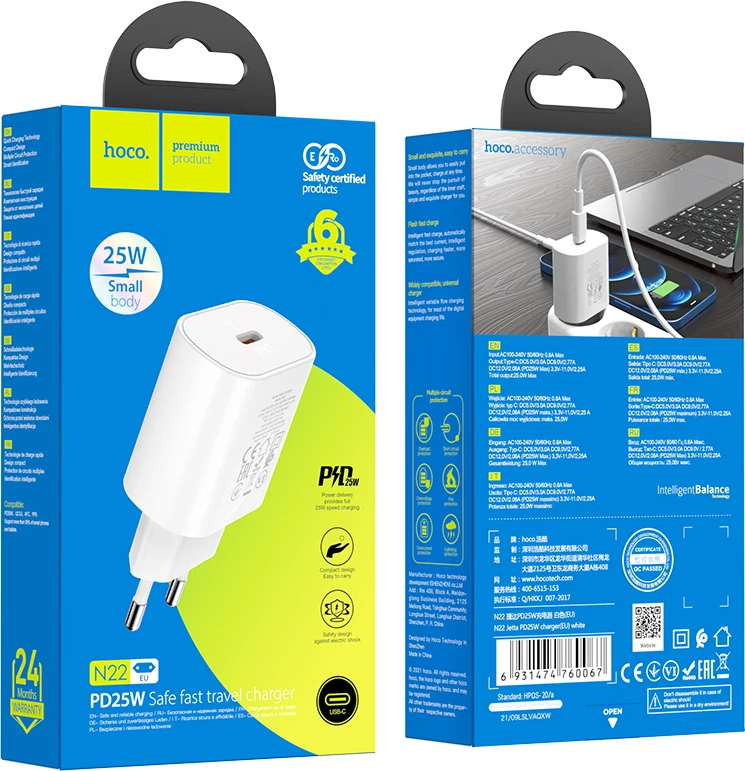 Adapter karikimi USB-C HOCO N22 Jetta PD 25W, i bardhë, 1 copë