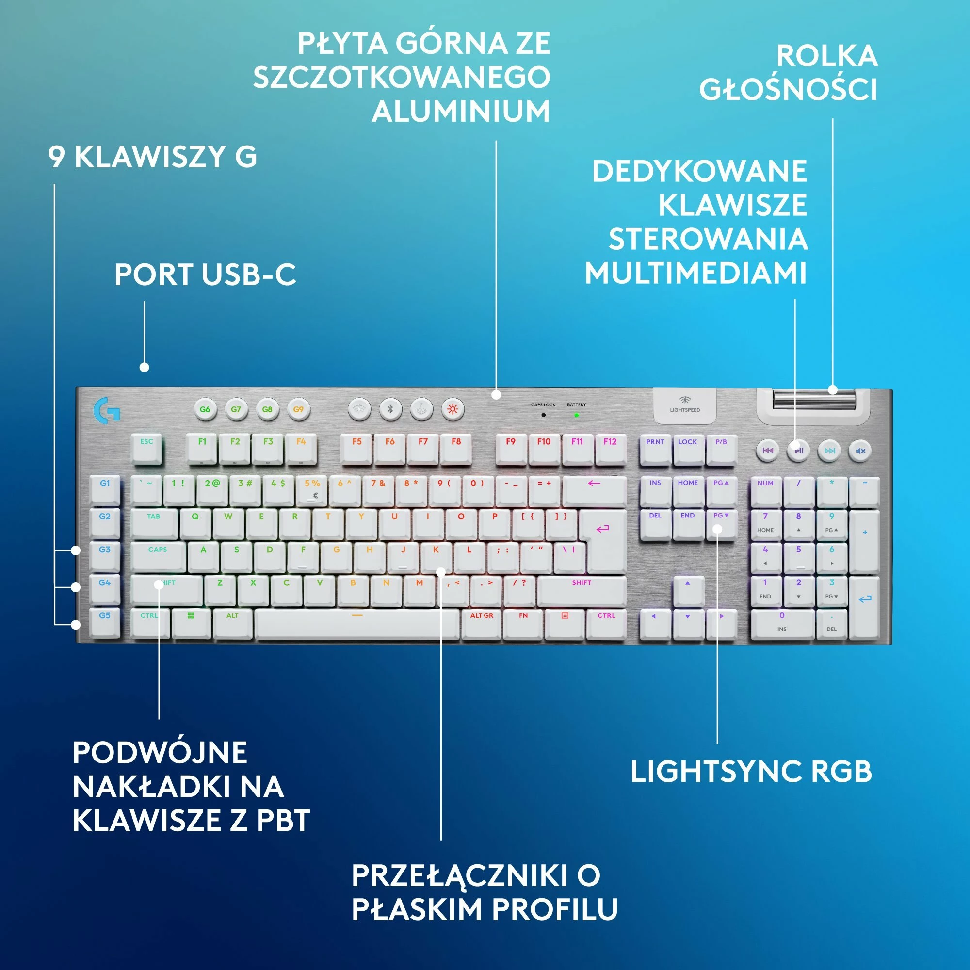 Tastierë gaming Logitech G915 X Lightspeed GL Tactile (920-012690), full-size 100%, RGB, wireless 2.4GHz/Bluetooth/USB, US INTL, e bardhë