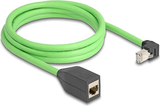 Kabllo zgjatëse rrjeti DeLOCK RJ45 Cat6A, 2 m, mashkull këndor te femër, SF/UTP, TPU, e gjelbër/zezë