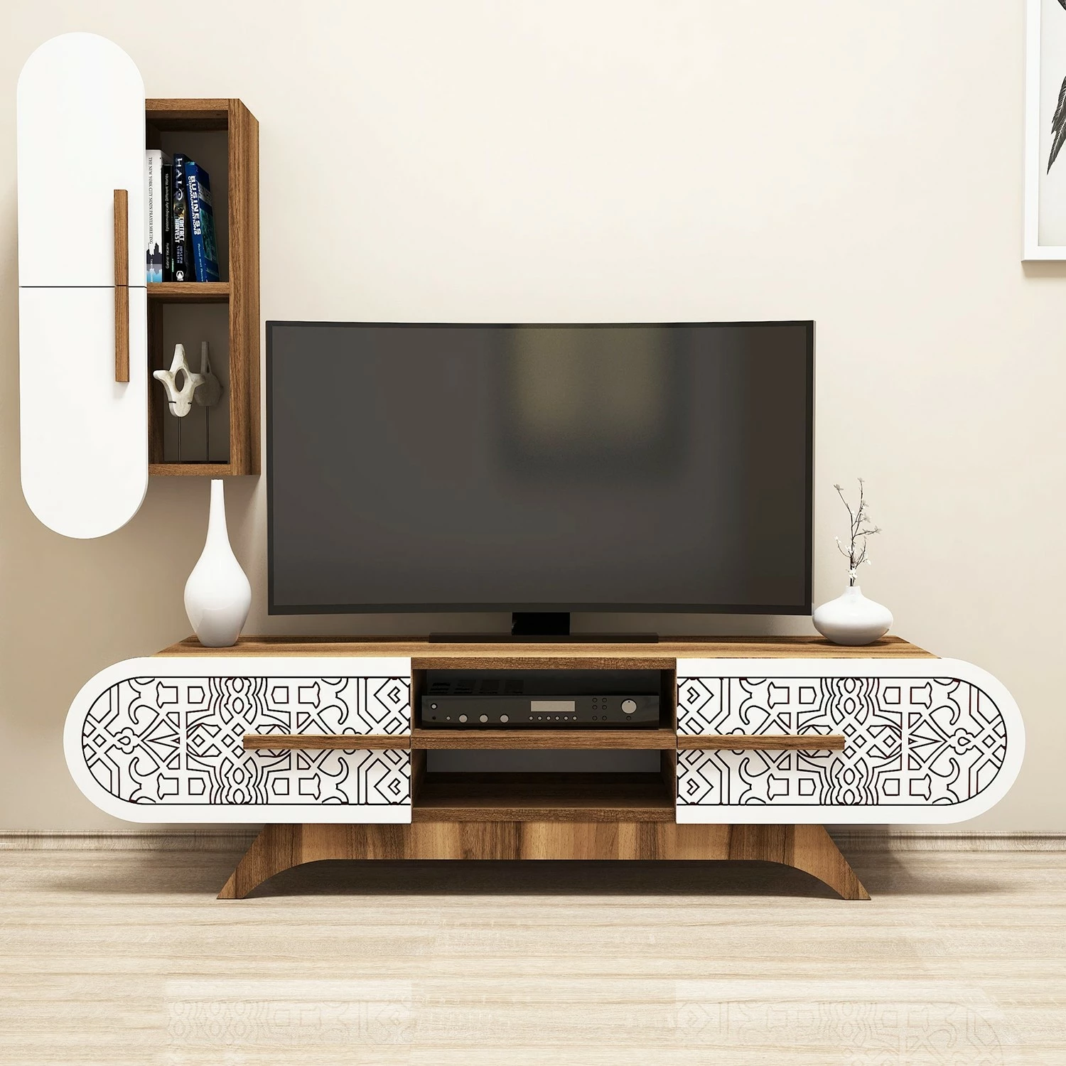 Komodë TV Hanah Home, Defne, ngjyrë arre dhe e bardhë