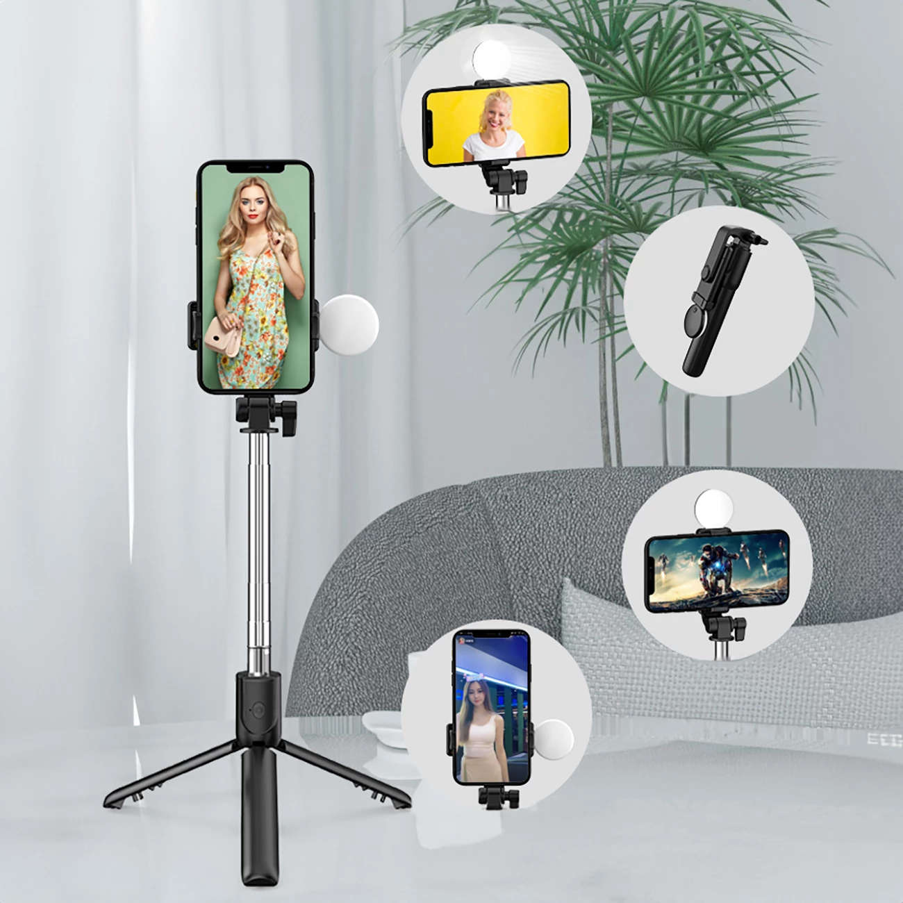 Selfie stick Hurtel WR1YXS me tripod teleskopik, llambë LED, Bluetooth, 71 cm, e zezë