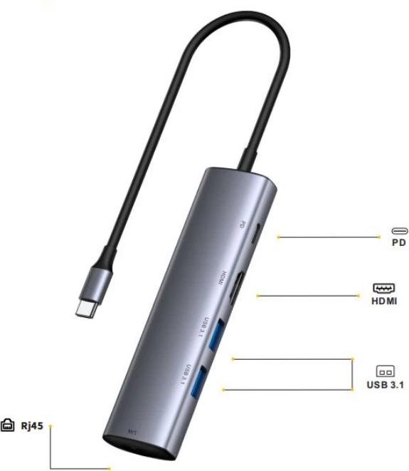 HUB Tech Time Usb hub 5 In 1 USB3.0*2+HDMI+RJ45+PD Type-C 3.1 Cable 0.23M