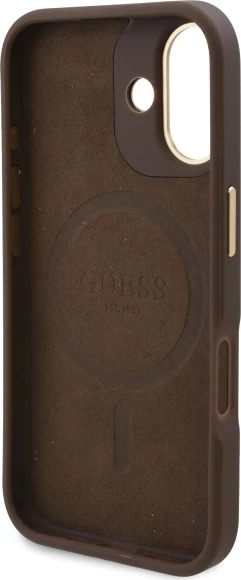 Mbështjellës Guess 4G Logo Plate MagSafe për iPhone 16 Plus, Kafe