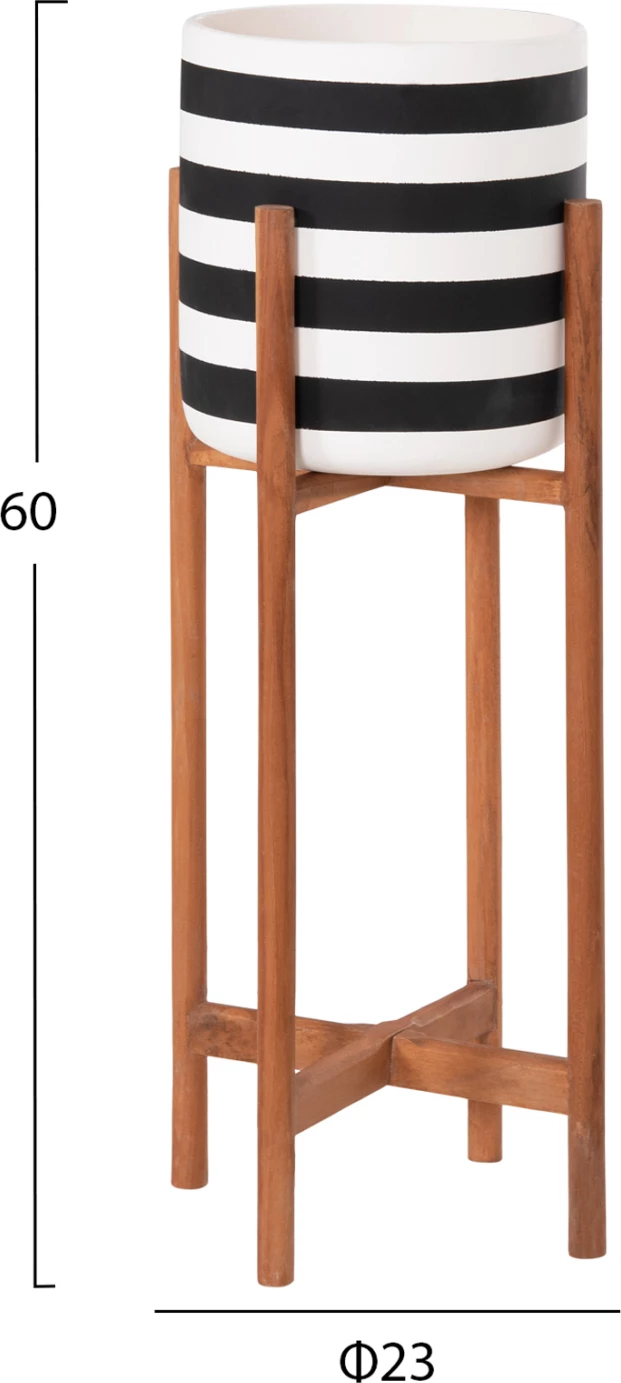 Vazo e brendshme RENTIL, fibër-cement, vija të zeza dhe të bardha, bazë dru tik, 23x60cm