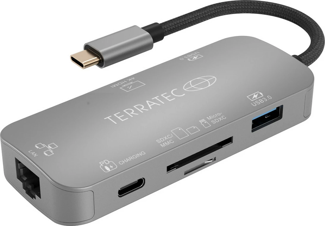 Adapter USB-C TerraTec Connect C8, HDMI, LAN, USB 3.0, PD, lexues karte, gri