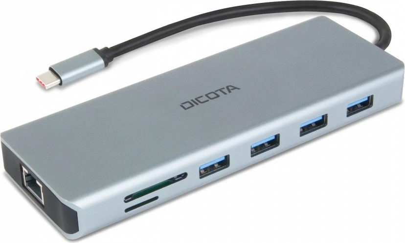 Stacion dokimi USB-C, DICOTA D32065, 13-në-1, 4K HDMI/DP, PD 100W, Gigabit LAN, argjendtë