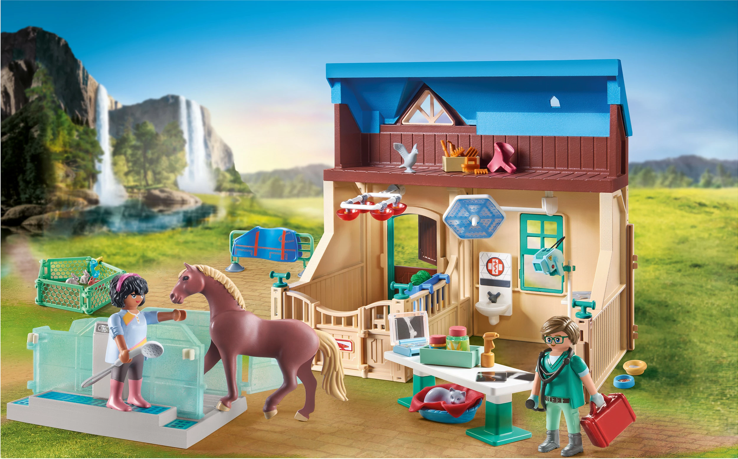 Set lodrash Playmobil Horses of Waterfall 71352, klinikë veterinare dhe terapi me kalë, 164 copë, shumëngjyrëshe