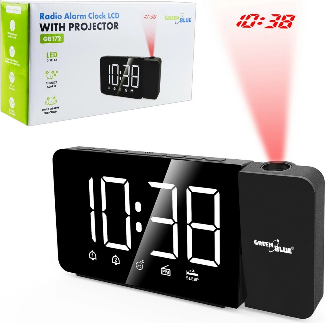 Orë alarmi digjitale me projektor GreenBlue GB172, FM radio, 12/24 orë, USB 5V, bateri CR2032, e zezë, set (kabel USB + bateri + manual)