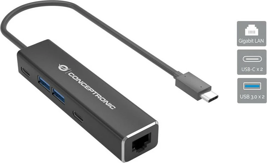 Adapter USB-C Conceptronic ABBY13B, Gigabit Ethernet me Hub USB, 1x RJ45, 2x USB-A, 2x USB-C, gri