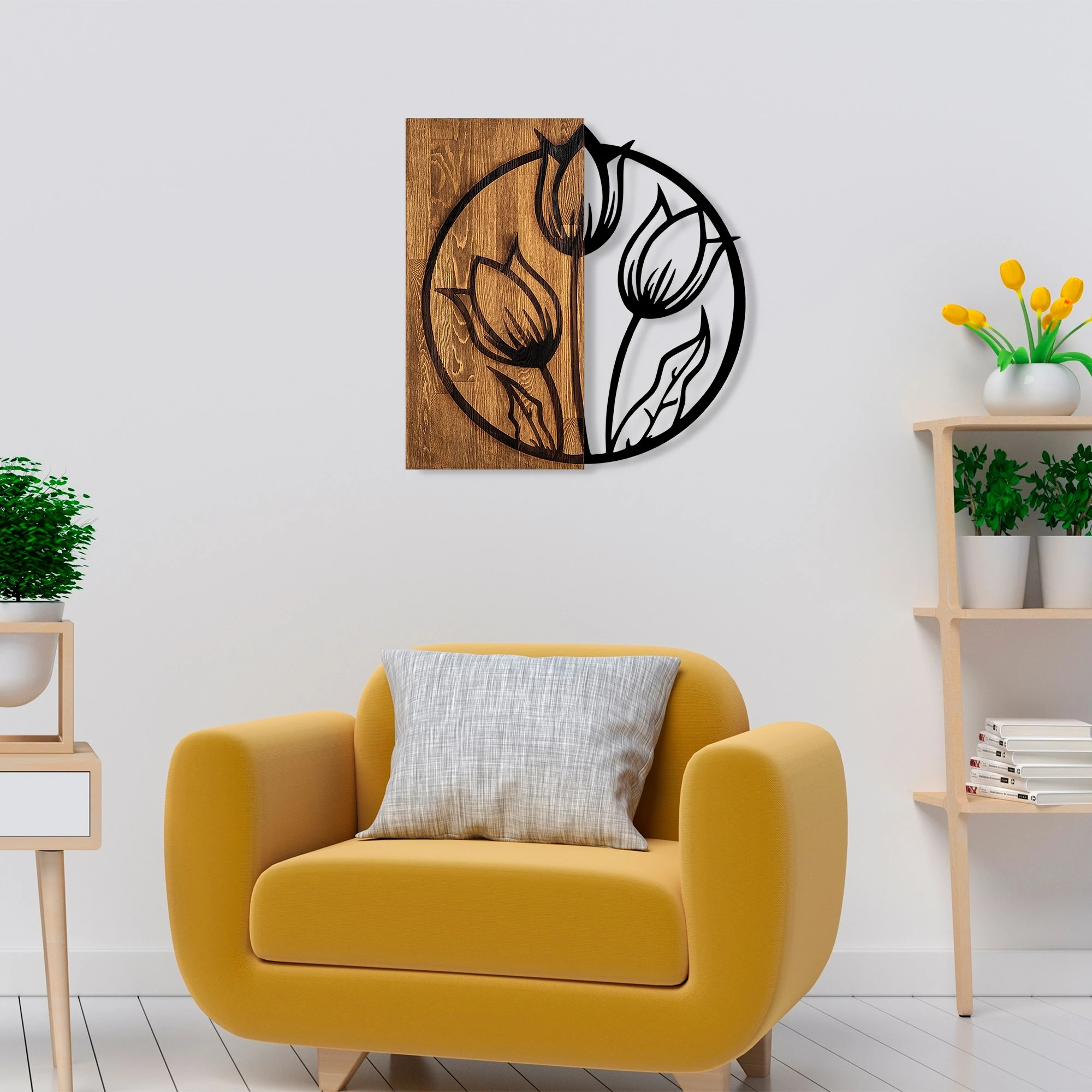 Aksesor dekorativ për mur, dru arre dhe metal, tulipanë, Wallity, 56x57cm
