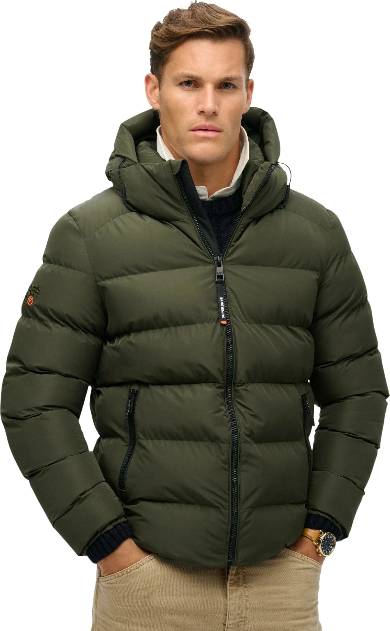 Jakne puffer sportive me kapuç Superdry SDM5011905A për meshkuj, e gjelbër ulliri