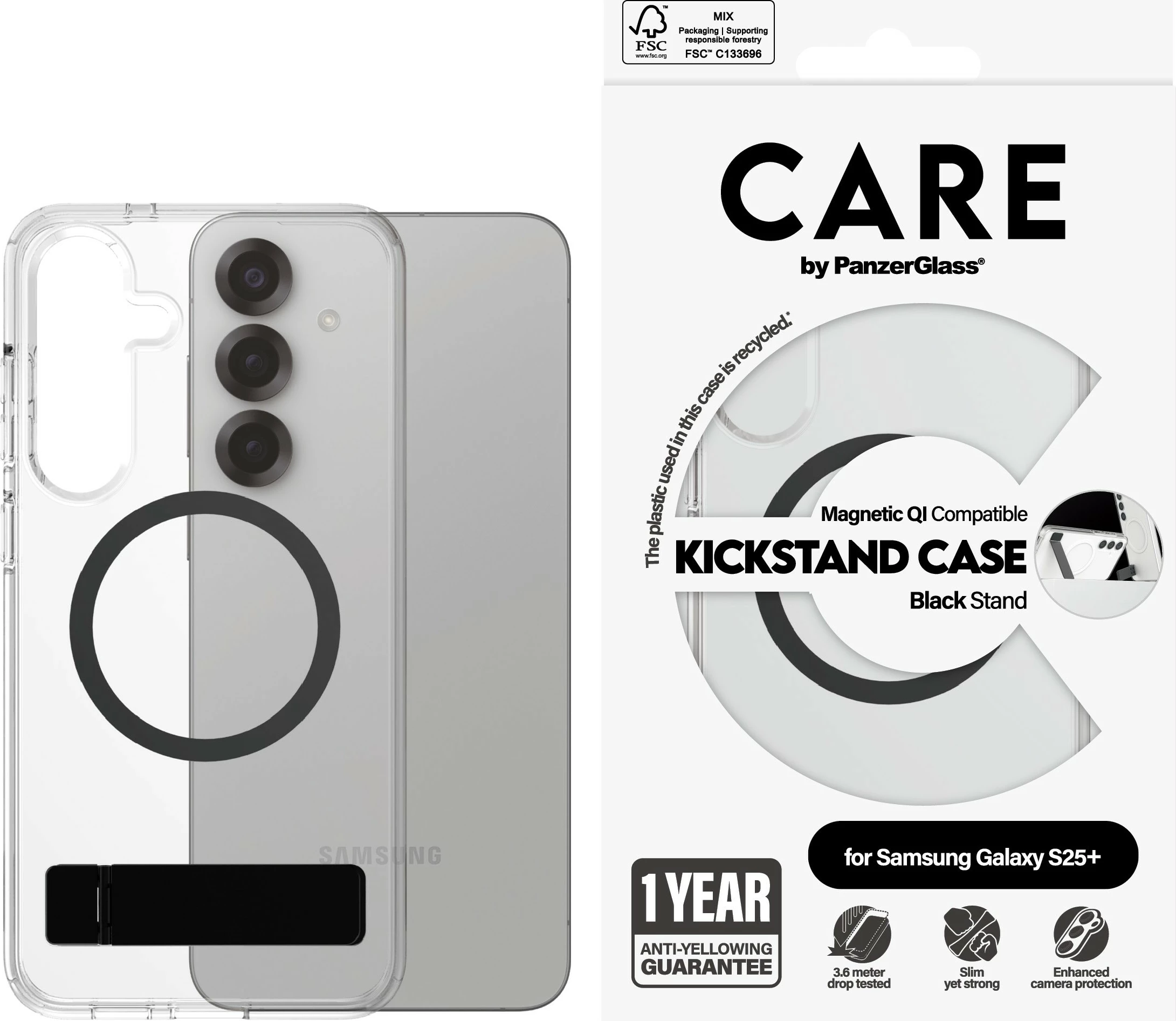 Mbështjellës PanzerGlass CARE Feature Case, për Samsung Galaxy S25 Plus, transparent, me kickstand & QI