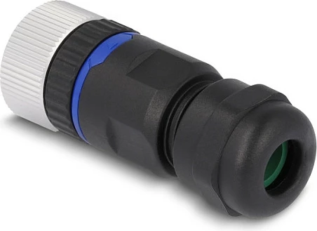 Konektor DeLOCK M12 A-coded 8-pin femër, cross-connector, IP67, metal, lidhje me vidë, zi/argjend