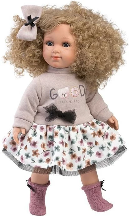 Kukull Llorens Elena 35 cm me fustan me lule, flokë kaçurrela