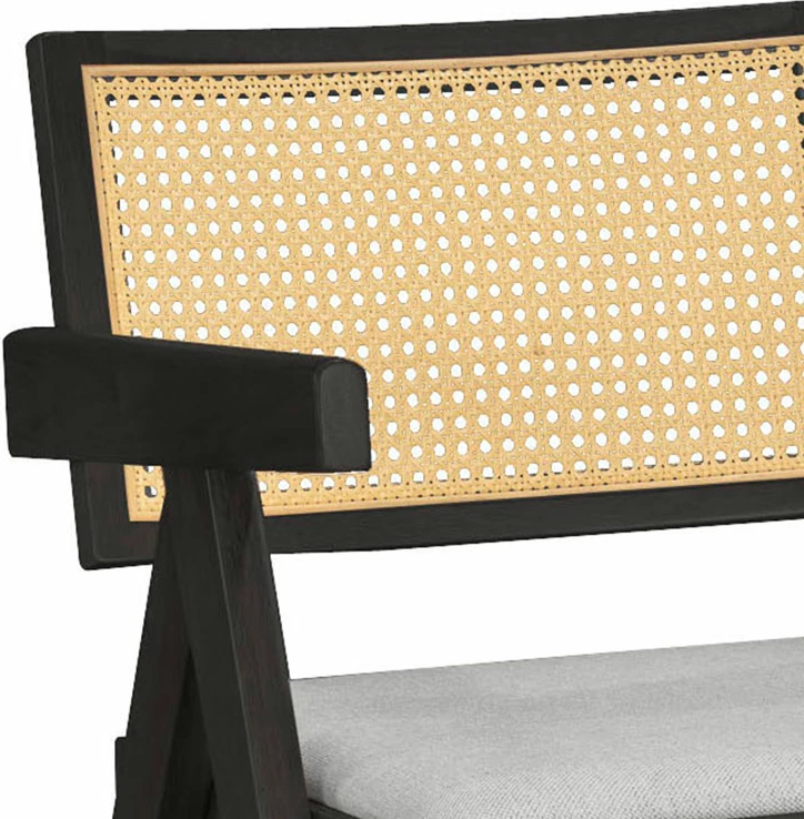 Karrige me krahë Winslow, dru rubberwood i zi, ratan PVC natyral, material gri, set prej 2 copë