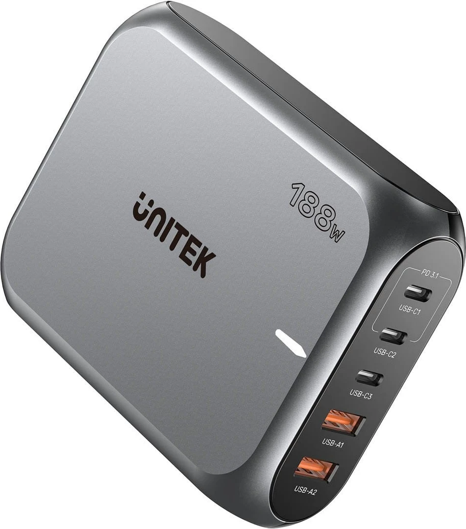 Karikues rrjeti GaN UNITEK P1234AGY01-EU, 188W, 3x USB-C, 2x USB-A, Gri